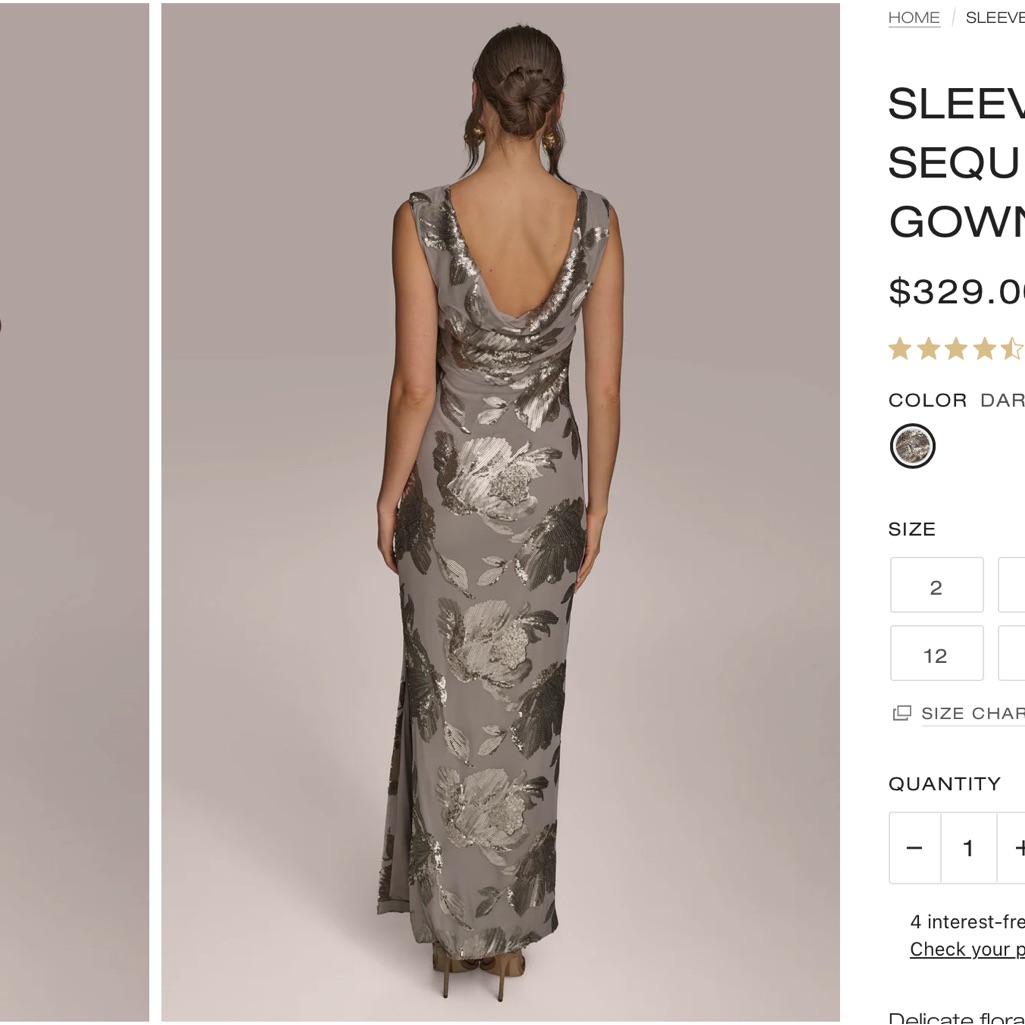 Donna Karan Metallic Floral Gown - Silver And Gray